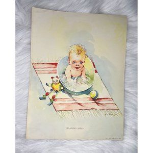 Vintage Florence Kroger Art Print. "Splashing Ahead" Baby in Bathtub. Unframed